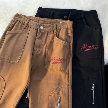 Брюки-карго American Vibe, мужские винтажные свободные обтягивающие прямые коричневые джинсы, хай-стрит, сафари, джинсовые брюки на молнии