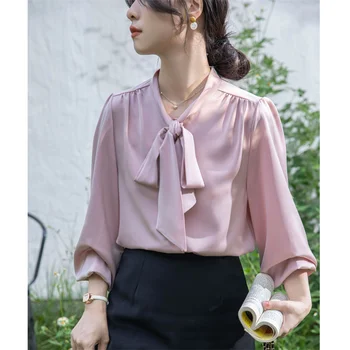 Весенне-осенняя модная женская рубашка с рукавом-фонариком, Темпераментная Элегантная однотонная универсальная офисная хипстерская простая блузка для леди