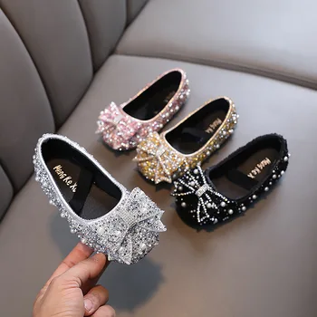Весна Осень Кожаные туфли для девочек Принцесса Со стразами и бантом Дизайнерская обувь для подиума Детская Модная Свадебная обувь G06143