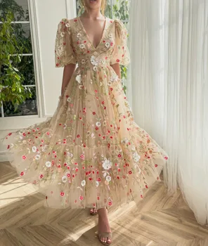 Винтажные вечерние платья с 3D-аппликациями из фатина цвета шампанского с пышными рукавами чайной длины, вечернее платье для подростков vestidos