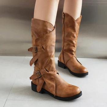 Винтажные ковбойские сапоги в западном стиле с металлической пряжкой на ремне, рыцарские сапоги на молнии с круглым носком на грубом каблуке, Узкие женские ботинки среднего размера 34 и 46