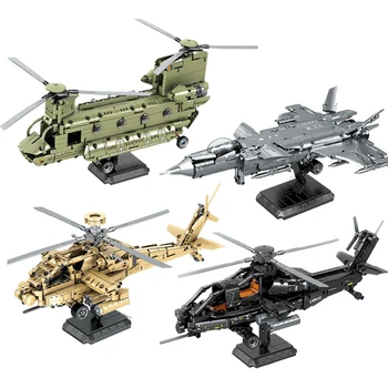 Военный современный истребитель AH-64 Apache, вертолет CH-47 Chinook, самолет J-20, наборы строительных блоков, модели кукол, Кирпичные Детские игрушки