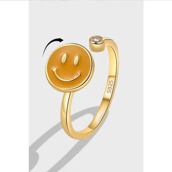 Вращающееся кольцо с улыбающимся лицом из стерлингового серебра S925 для женщин Простое и милое Универсальное сочетание Красочная глазурь в виде капель