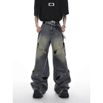 Высокая уличная Высокая талия, свободные прямые брюки со сломанными широкими штанинами, полые длинные брюки, винтажные мужские джинсы