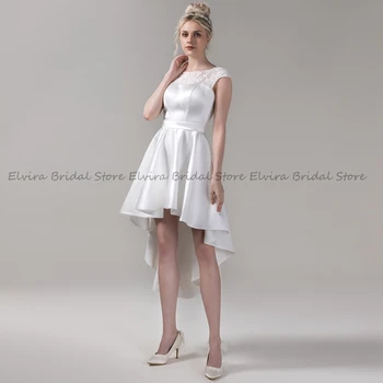 Высококачественные свадебные платья Hi-Lo 2023, атласные платья длиной до чайной ложи, вырез лодочкой, Кружевная аппликация с коротким рукавом, Халат De Mariee