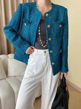 Высококачественный женский однобортный пиджак из твида с золотыми пуговицами и кисточками с круглым вырезом и длинным рукавом Синий элегантный повседневный блейзер