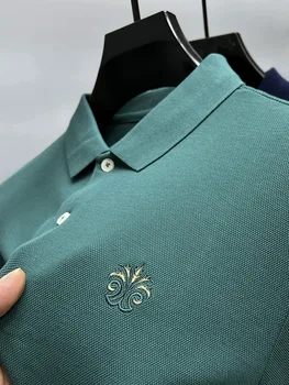 Высококлассный бренд, однотонная рубашка ПОЛО с длинным рукавом, изысканная вышитая мужская футболка с отворотом, повседневный модный топ с защитой от морщин