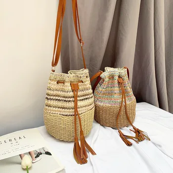 Горячая распродажа Плетеных сумок для женщин, праздничных пляжных сумок ручной работы, соломенных сумок в форме ведра