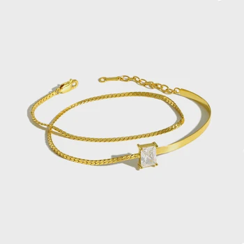Двойной слой 18-каратного золота, Прямоугольный Прозрачный Кубический Цирконий, браслеты из настоящего серебра 925 Пробы, ювелирные украшения для женщин YBR203