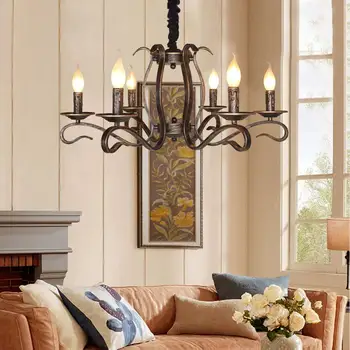 Деревенская железная люстра в форме свечи на 6 ламп, винтажная бронзовая подвесная люстра в фермерском доме, освещение для столовой Гостиной