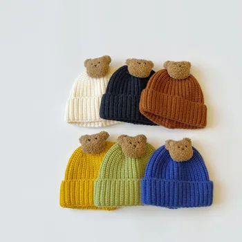Детская вязаная шапка с мультяшным медведем, осень-зима, однотонная толстая теплая шапочка-бини для маленьких мальчиков и девочек, открытый пуловер с защитой ушей, кепка