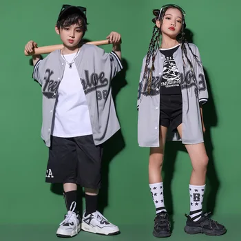 Детская танцевальная одежда в стиле джаз-хип-хоп, Серая свободная футболка, черные брюки для мальчиков и девочек, танцевальная одежда для сценического шоу Kpop, Маскарадный костюм