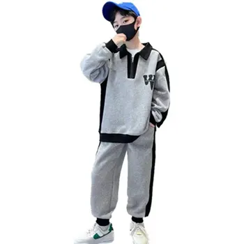 Детские спортивные костюмы, одежда из 100% хлопка, спортивный костюм для мальчиков-подростков, модный топ и брюки с отложным воротником, повседневная одежда