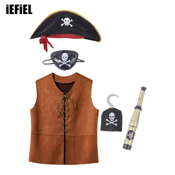 Детский костюм Пирата Унисекс, жилет без рукавов с V-образным вырезом, шляпа с завязанными глазами, телескопический крючок для косплея на Хэллоуин