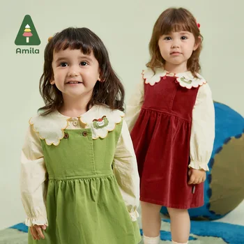 Детское платье Amila, осень 2023, Новый комплект из майки и юбки, Изысканный кружевной воротник с вышивкой для девочек, детские ткани с длинными рукавами.