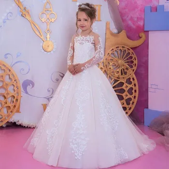 Детское свадебное платье с длинным рукавом и кружевами на день рождения, длинное пышное платье принцессы