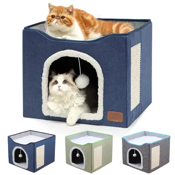 Домик-кровать для кошки с когтеточкой, моющийся коврик, хижина-убежище, Большое пространство для нескольких мелких домашних животных, домашние кошки, котята, Современное кошачье гнездо