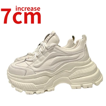 Европейская обувь для женщин, дизайнерские спортивные папины туфли, увеличивающие рост на 7 см, повседневные белые туфли из натуральной кожи с лифтом, женские