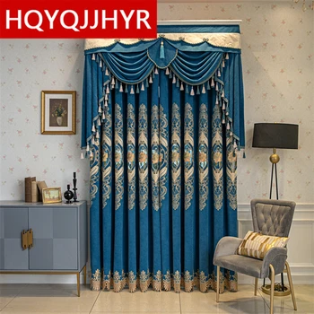 Европейские Классические Роскошные Декоративные шторы с голубой вышивкой для гостиной, спальни, кухни, гостиничных штор