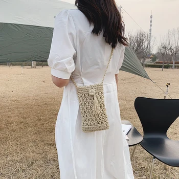 Женская винтажная мини-сумка для телефона на веревке, женская плетеная из соломы, сумки через плечо, сумка для путешествий, сумка для путешествий