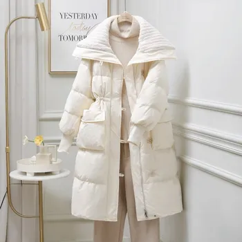 Женская куртка на белом утином пуху с карманом на лацкане и пуговицах 2023, Зимняя утепленная Свободная пуховая куртка, женская теплая модная Длинная верхняя одежда