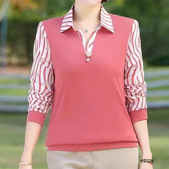 Женская одежда, полосатая футболка с длинными рукавами в стиле пэчворк с принтом, весенне-осенний новый модный однотонный пуловер с круглым вырезом-поло