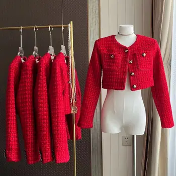 Женская элегантная красная укороченная куртка из твида с круглым вырезом и длинным рукавом, женская весенне-осенняя уличная однобортная короткая верхняя одежда, топ