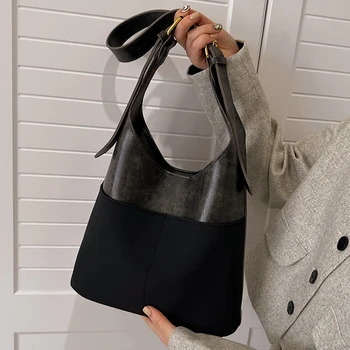 Женская эстетичная сумка подмышками, черная лоскутная женская сумка-тоут из искусственной кожи, шикарные женские композитные сумки через плечо