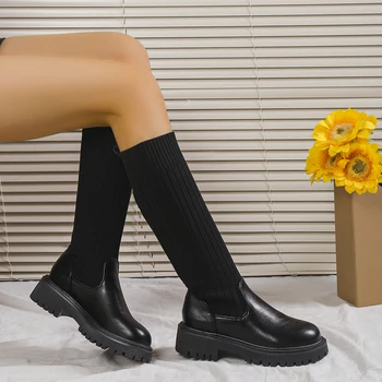 Женские ботинки На толстом каблуке, Приталенный зимний вязаный толстый носок, Эластичная замша большого размера 35-43