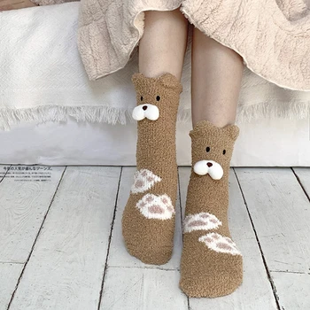 Женские зимние теплые пушистые носки Home Floor Sleep Kawaii 3D Медведь, милое животное, толстый флисовый пушистый носок, Японская мода, Корейский стиль