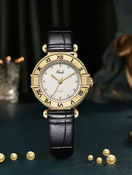 Женские кварцевые часы Роскошные часы с римскими цифрами и циферблатом Винтажные Кожаные часы Orologio Женские модные наручные часы в золотом корпусе