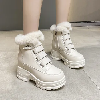 Женские меховые зимние ботинки с толстой подошвой, короткие ботинки на каблуке с круглым носком, теплые плюшевые ботинки на платформе, Модные повседневные ботильоны