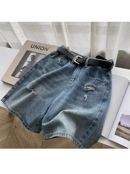 Женские рваные джинсовые шорты с высокой талией, широкие шорты, Винтажная Корейская уличная одежда Harajuku Y2k, джинсы длиной до колен, Короткие брюки, лето