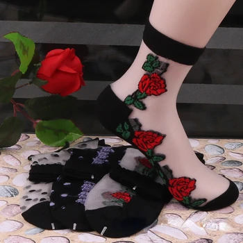 Женские розовые нескользящие носки с кристаллами, Шелковые чулки на хлопковой подошве, Прозрачные женские стеклянные чулки средней длины