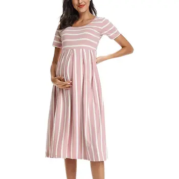 Женские свободные платья для беременных с коротким рукавом в цветочек, одежда для беременных, летнее повседневное платье с мягкой талией и плиссированным принтом длиной до колен