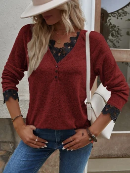 Женские футболки Осень-зима Кружевная футболка с длинным рукавом Женская модная одежда пуловер Женские топы