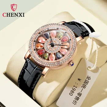 Женские часы CHENXI с вращающимся циферблатом из розового золота и кварцевых часов с бриллиантами