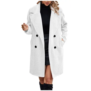 Женское шерстяное пальто, повседневная модная однотонная куртка с V-образным вырезом и карманом, весенне-осенний длинный тренч цвета Хаки оверсайз трапециевидной формы