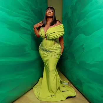 Зеленые платья для выпускного вечера в стиле Aso Ebi с длинными рукавами, расшитыми бисером, Плюс Размер Вечернего платья Русалки Для африканских женщин, вечерние платья на заказ