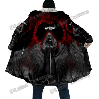 Зимний модный мужской плащ с темным сатанинским рисунком черепа и 3D принтом, толстый флисовый плащ с капюшоном, повседневное теплое пальто-накидка Унисекс DP64