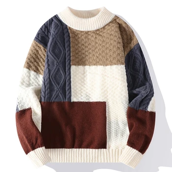 Зимний уличный мужской вязаный свитер в стиле пэчворк оверсайз, круглый вырез, пуловер с длинным рукавом, свитер, джемпер 3XL