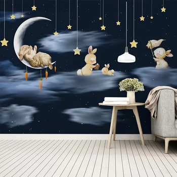 Изготовленная на заказ фреска в Средиземноморском стиле Мультяшный Кролик Луна Звезда Ночное Небо Детская комната Украшение спальни мальчика Обои для детей Искусство