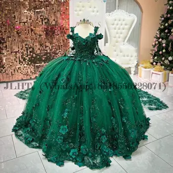 Изумрудно-Зеленые Пышные Платья с бисером, 3D Аппликация, Цветок, Мексиканский Корсет, Выпускное Платье, vestidos de quinceanera