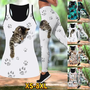 Комбинированный наряд с кошачьими татуировками, Леггинсы на бретелях для женщин, Леггинсы с цифровым принтом, Брюки, Стрейчевые брюки, костюм XS-8XL
