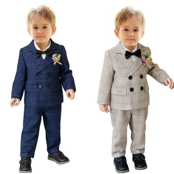 Комплект детского костюма в клетку с зубчатыми лацканами из 3 предметов (куртка + жилет + брюки) Двубортное детское платье для выпускного вечера, одежда для официальных мальчиков