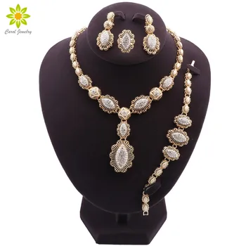 Комплект ювелирных изделий итальянского золотого цвета, Элегантное ожерелье с кристаллами, Серьги, кольцо, браслет для женщин, Аксессуары для свадебной вечеринки для невесты
