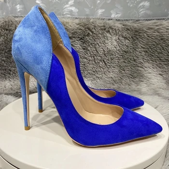 Контрастно-синие женские вечерние туфли из синтетической замши с острым носком на высоком каблуке с V-образным вырезом сбоку, сексуальные туфли-лодочки на шпильке