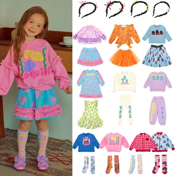 Корея BEBE2023, Осенний новый комплект свитеров для девочек, Топы с милым цветочным принтом в виде ракушки, Брюки, юбка, детское повседневное платье