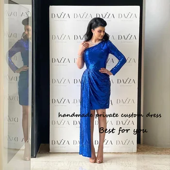 Короткое платье для выпускного вечера с блестящими синими пайетками, вечерние платья со складками на одном плече и юбкой