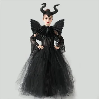 Костюм Ведьмы-Дьявола для девочек, вязаное тюлевое платье ручной работы, костюм Зла на Хэллоуин, одежда для косплея, реквизит для детской вечеринки
